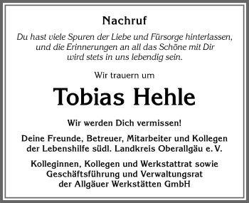 Traueranzeige von Tobias Hehle von Allgäuer Anzeigeblatt