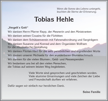 Traueranzeige von Tobias Hehle von Allgäuer Anzeigeblatt