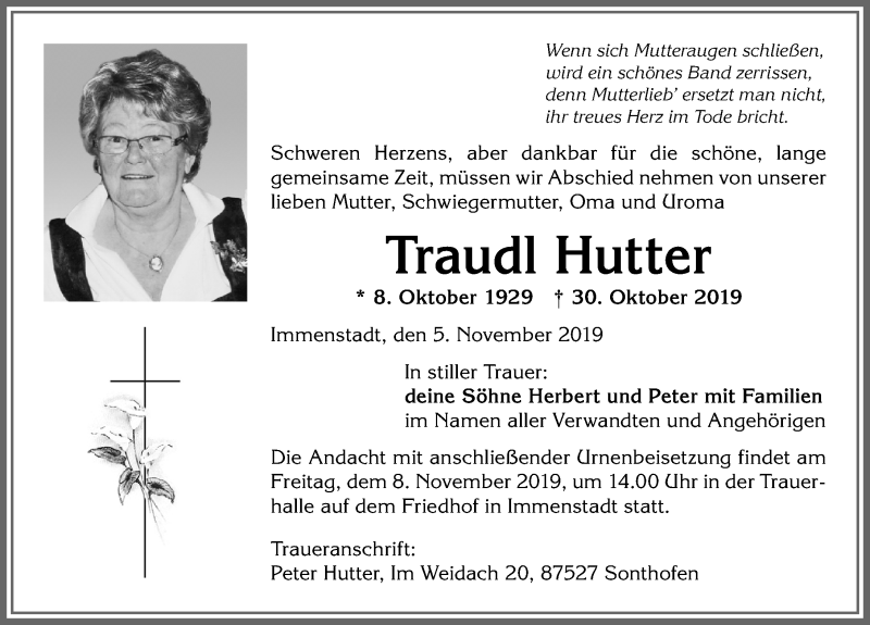  Traueranzeige für Traudl Hutter vom 05.11.2019 aus Allgäuer Anzeigeblatt