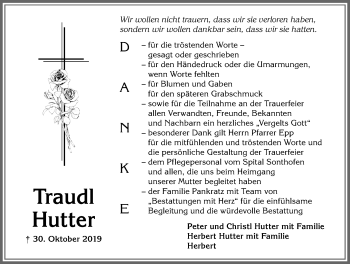 Traueranzeige von Traudl Hutter von Allgäuer Anzeigeblatt