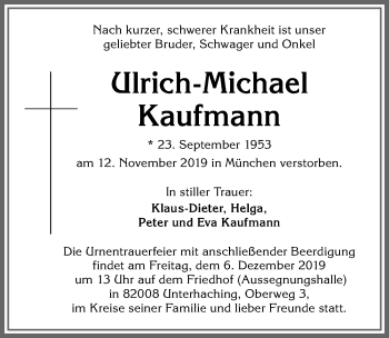 Traueranzeige von Ulrich-Michael Kaufmann von Allgäuer Zeitung,Kempten