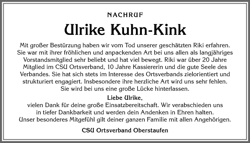  Traueranzeige für Ulrike Kuhn-Kink vom 08.11.2019 aus Allgäuer Anzeigeblatt