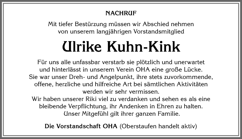  Traueranzeige für Ulrike Kuhn-Kink vom 06.11.2019 aus Allgäuer Anzeigeblatt