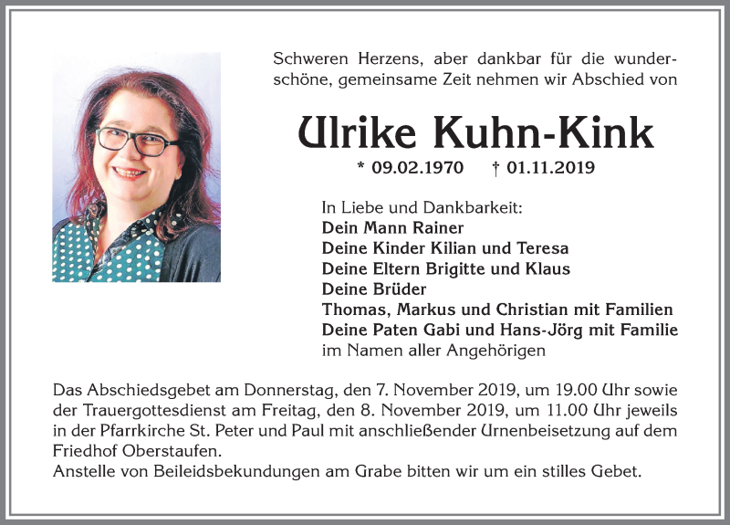  Traueranzeige für Ulrike Kuhn-Kink vom 06.11.2019 aus Allgäuer Anzeigeblatt