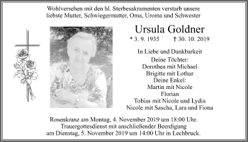 Traueranzeige von Ursula Goldner von Allgäuer Zeitung, Füssen