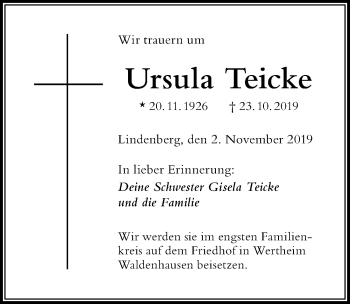 Traueranzeige von Ursula Teicke von Der Westallgäuer