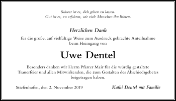 Traueranzeige von Uwe Dentel von Der Westallgäuer