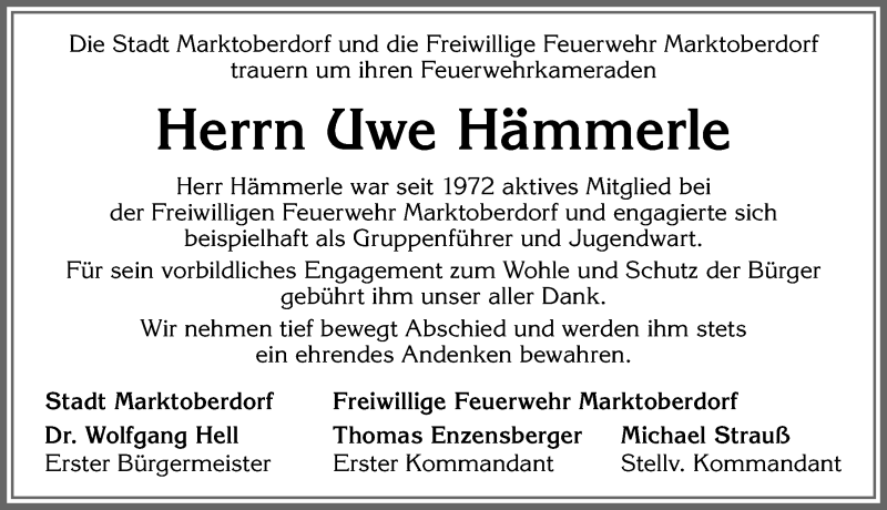  Traueranzeige für Uwe Hämmerle vom 23.11.2019 aus Allgäuer Zeitung, Marktoberdorf