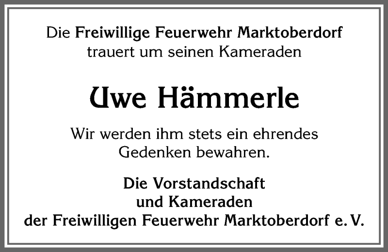  Traueranzeige für Uwe Hämmerle vom 23.11.2019 aus Allgäuer Zeitung, Marktoberdorf