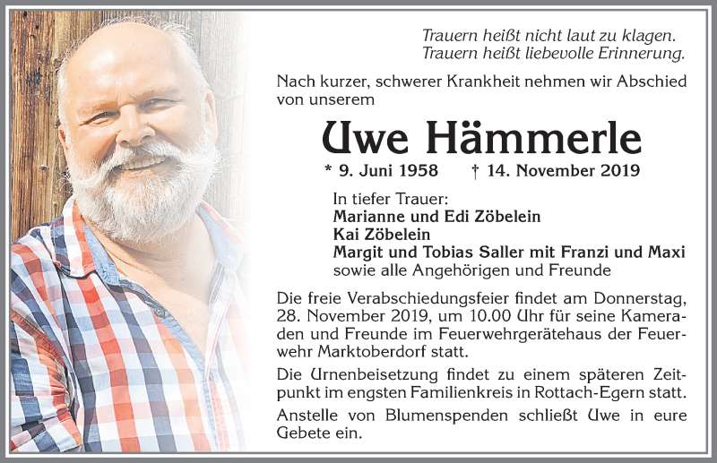  Traueranzeige für Uwe Hämmerle vom 23.11.2019 aus Allgäuer Zeitung, Marktoberdorf