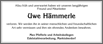Traueranzeige von Uwe Hämmerle von Allgäuer Zeitung, Marktoberdorf