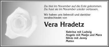 Traueranzeige von Vera Hradetz von Allgäuer Zeitung,Kempten