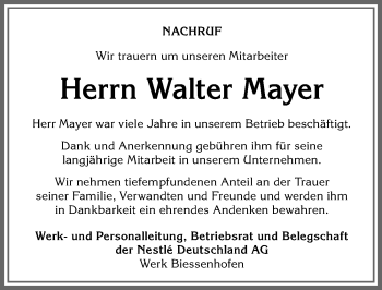 Traueranzeige von Walter Mayer von Allgäuer Zeitung