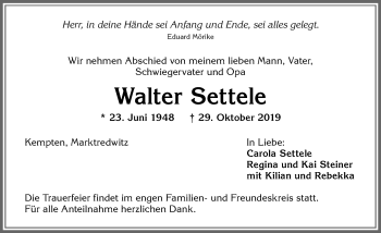 Traueranzeige von Walter Settele von Allgäuer Zeitung,Kempten