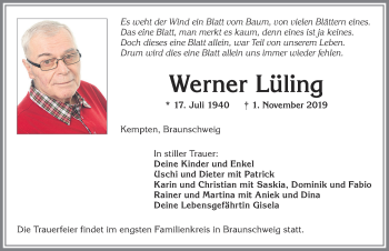 Traueranzeige von Werner Lüling von Allgäuer Zeitung,Kempten