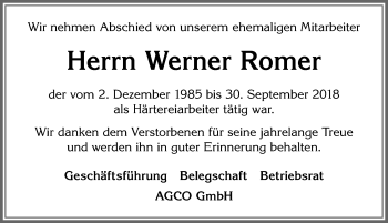 Traueranzeige von Werner Romer von Allgäuer Zeitung, Marktoberdorf