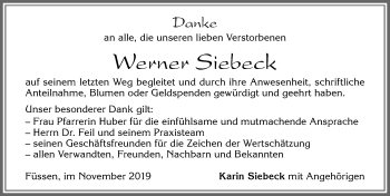 Traueranzeige von Werner Siebeck von Allgäuer Zeitung, Füssen