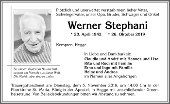 Traueranzeige von Werner Stephani von Allgäuer Zeitung,Kempten
