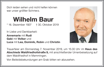 Traueranzeige von Wilhelm Baur von Memminger Zeitung