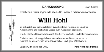 Traueranzeige von Willi Hohl von Allgäuer Zeitung,Kempten