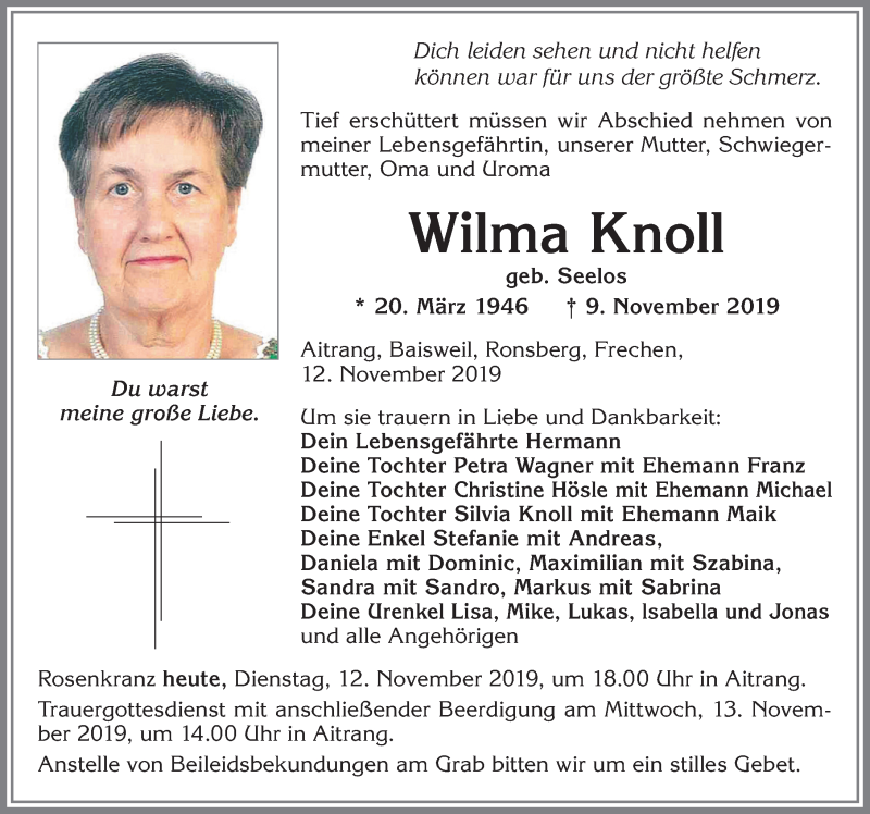  Traueranzeige für Wilma Knoll vom 12.11.2019 aus Allgäuer Zeitung, Marktoberdorf