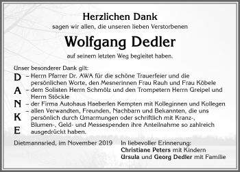 Traueranzeige von Wolfgang Dedler von Allgäuer Zeitung,Kempten