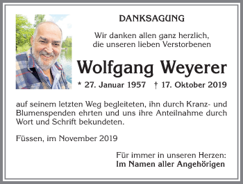 Traueranzeige von Wolfgang Weyerer von Allgäuer Zeitung, Füssen