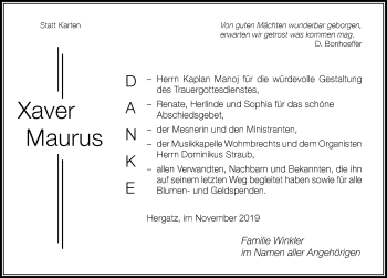 Traueranzeige von Xaver Maurus von Der Westallgäuer