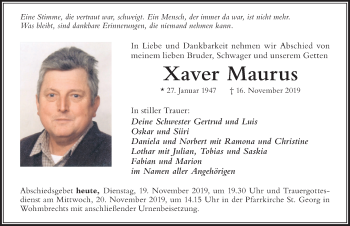 Traueranzeige von Xaver Maurus von Der Westallgäuer