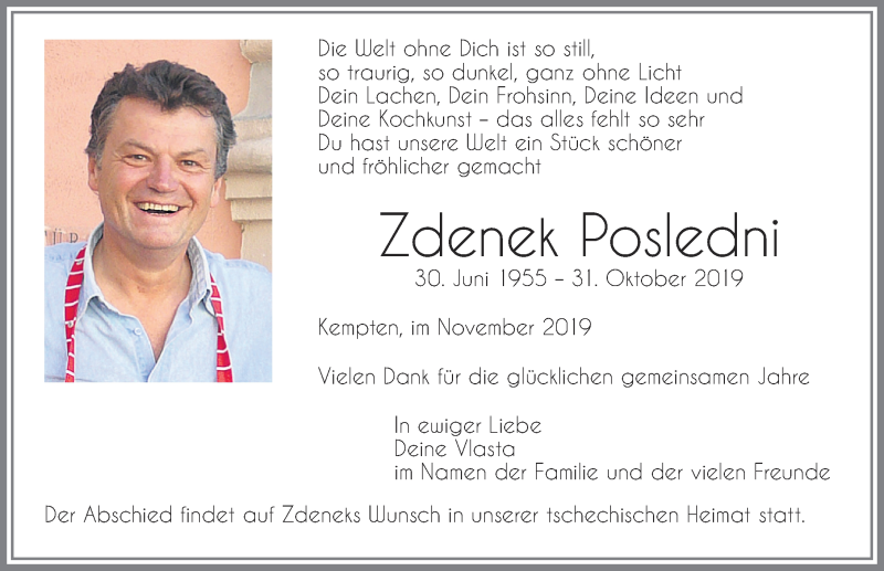  Traueranzeige für Zdenek Posledni vom 07.11.2019 aus Allgäuer Zeitung,Kempten