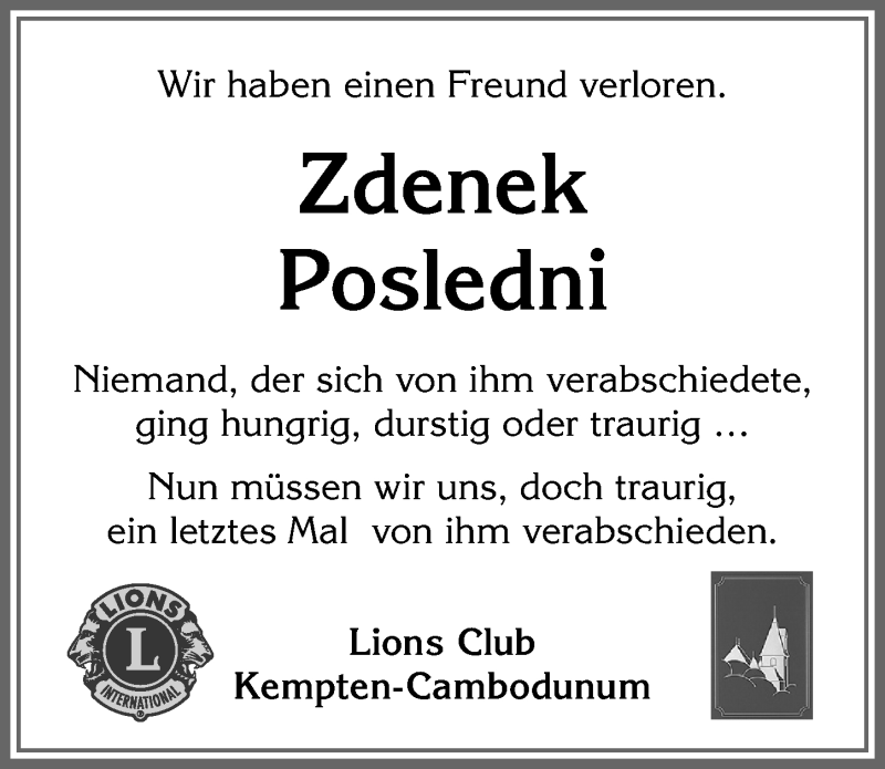  Traueranzeige für Zdenek Posledni vom 07.11.2019 aus Allgäuer Zeitung,Kempten
