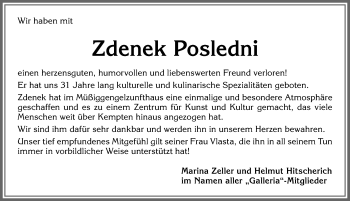 Traueranzeige von Zdenek Posledni von Allgäuer Zeitung,Kempten
