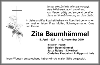 Traueranzeige von Zita Baumhämmel von Memminger Zeitung