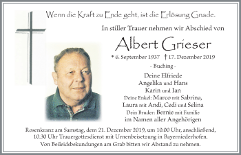 Traueranzeige von Albert Grieser von Allgäuer Zeitung, Füssen