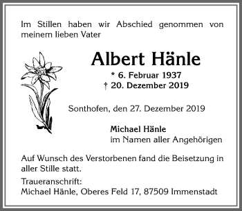 Traueranzeige von Albert Hänle von Allgäuer Anzeigeblatt