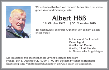 Traueranzeige von Albert Höß von Allgäuer Anzeigeblatt