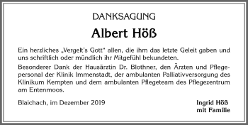 Traueranzeige von Albert Höß von Allgäuer Anzeigeblatt