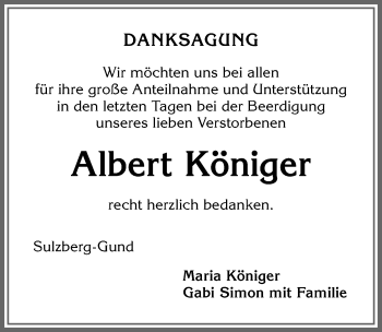 Traueranzeige von Albert Königer von Allgäuer Zeitung,Kempten
