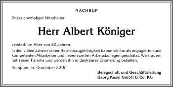 Traueranzeige von Albert Königer von Allgäuer Zeitung,Kempten