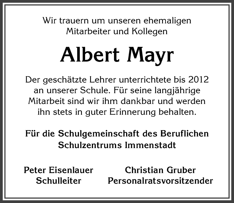  Traueranzeige für Albert Mayr vom 07.12.2019 aus Allgäuer Anzeigeblatt