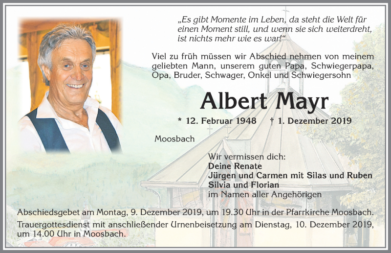  Traueranzeige für Albert Mayr vom 07.12.2019 aus Allgäuer Zeitung