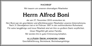 Traueranzeige von Alfred Boni von Allgäuer Zeitung