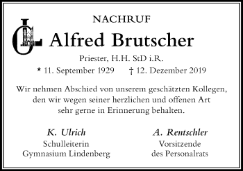 Traueranzeige von Alfred Brutscher von Der Westallgäuer