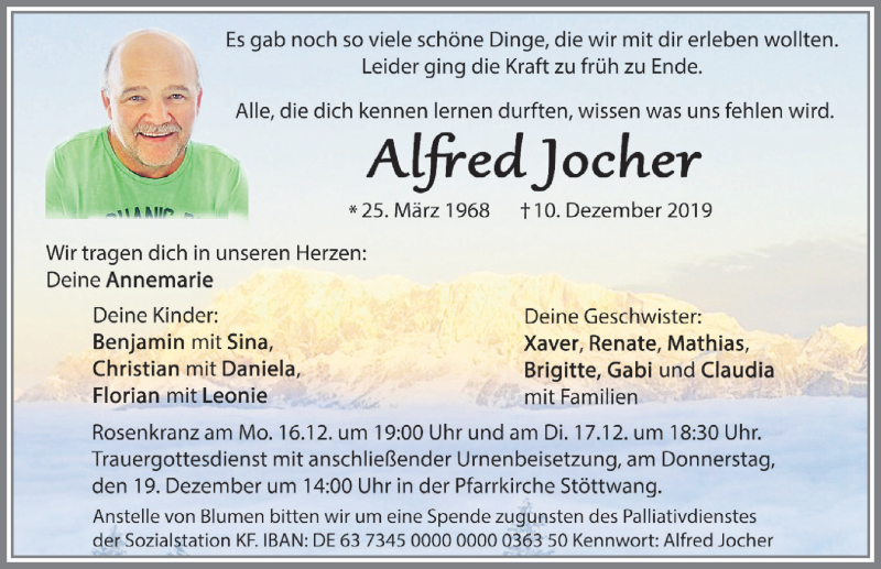  Traueranzeige für Alfred Jocher vom 14.12.2019 aus Allgäuer Zeitung