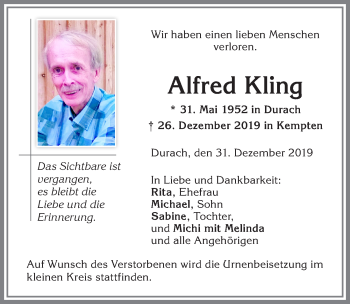 Traueranzeige von Alfred Kling von Allgäuer Zeitung,Kempten