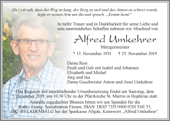 Traueranzeige von Alfred Umkehrer von Allgäuer Zeitung, Füssen