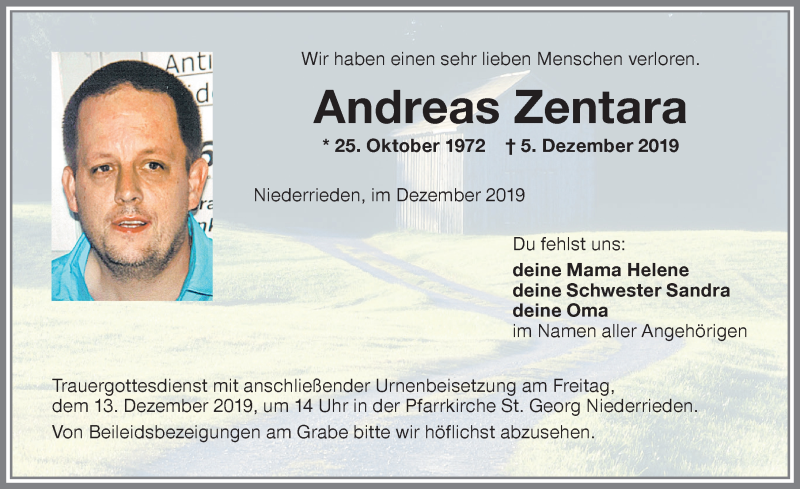  Traueranzeige für Andreas Zentara vom 11.12.2019 aus Memminger Zeitung