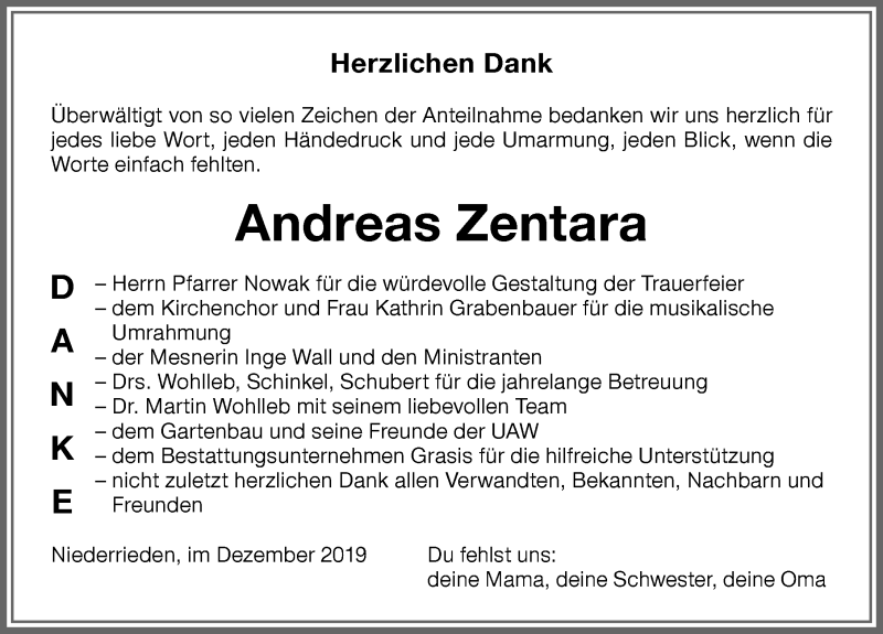  Traueranzeige für Andreas Zentara vom 21.12.2019 aus Memminger Zeitung