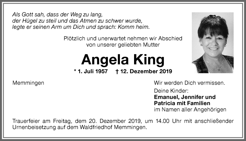  Traueranzeige für Angela King vom 18.12.2019 aus Memminger Zeitung