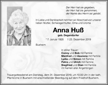 Traueranzeige von Anna Huß von Memminger Zeitung